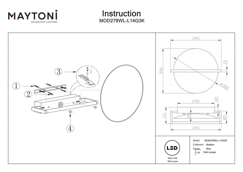 Lampada da parete Maytoni Mira 1L, LED nero H 30 cm