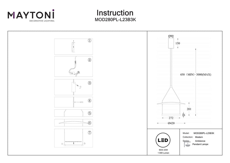 Maytoni Ambience 1L pendel, sort LED D 42-60cm