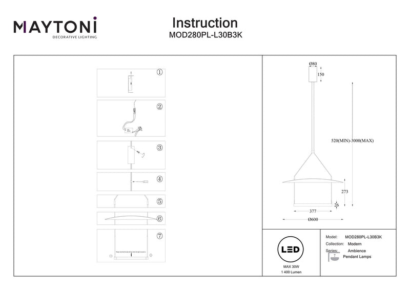 Suspension Maytoni Ambience 1L, noir LED D 42-60cm