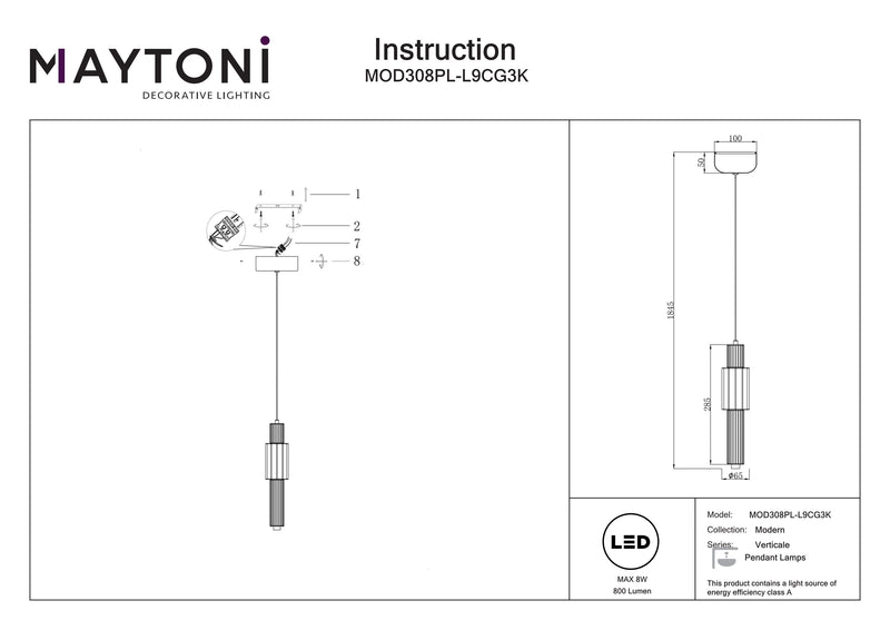 Maytoni Verticale lámpara colgante 1L, cromo LED D 12cm