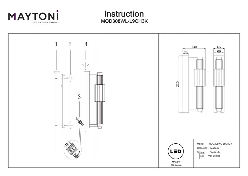 Maytoni Verticale 1L wall sconce lamp, chrome LED D 6.5cm