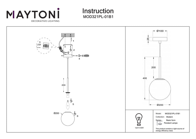 Maytoni Basisvorm 1L hanglamp, zwart E14 D 20cm