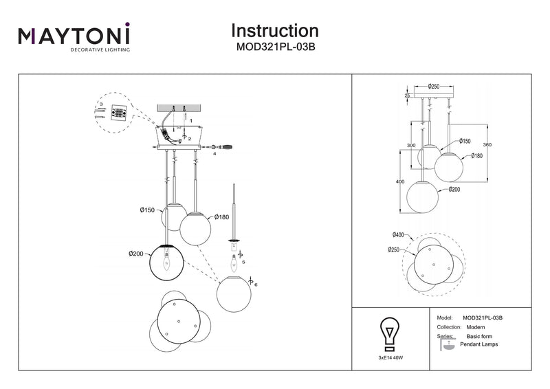 Maytoni Basic form 3L pendant lamp, black E14 D 40cm