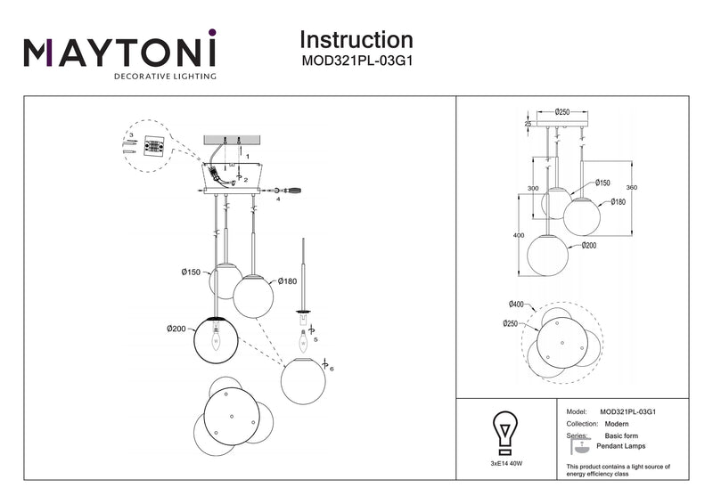 Maytoni Basic form 3L suspension, or E14 D 40cm