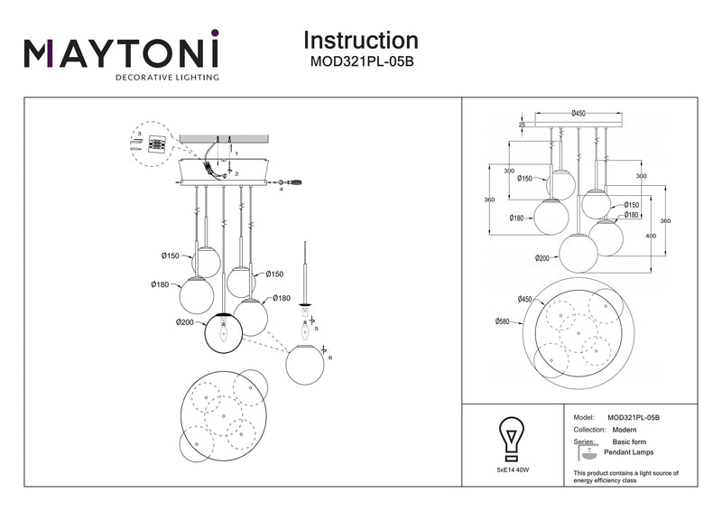 Maytoni Basic form 5L pendant lamp, black E14 D 45cm