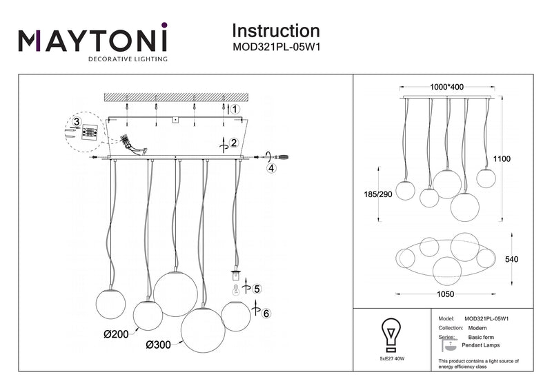 Maytoni Basic form 5L pendel, hvid E27 H 110cm