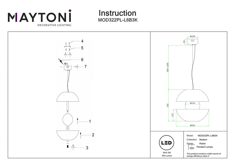 Maytoni Rebel 1L riippuvalaisin, kromi LED D 30,2cm