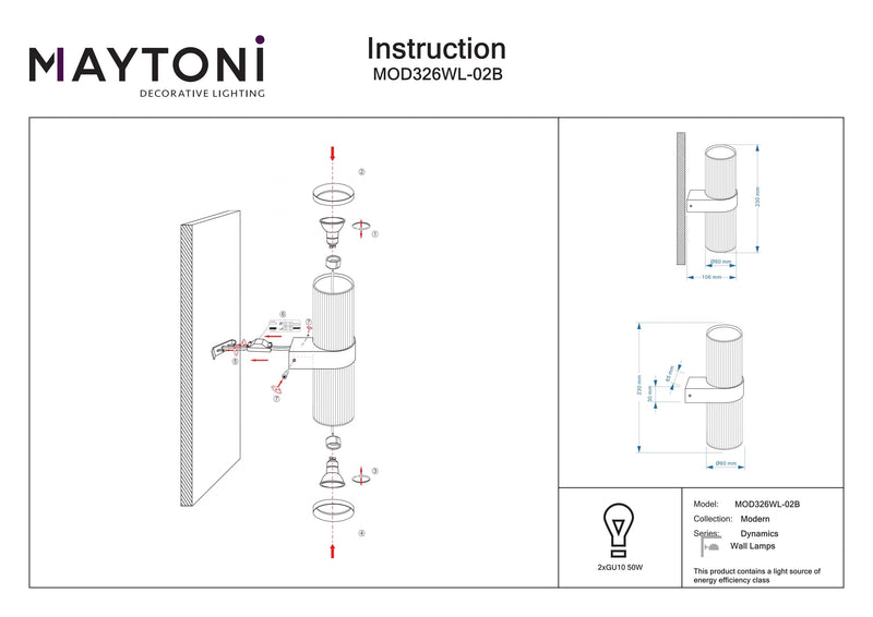 Lámpara de pared decorativa Maytoni Dynamics 2L, negro GU10 D 6cm