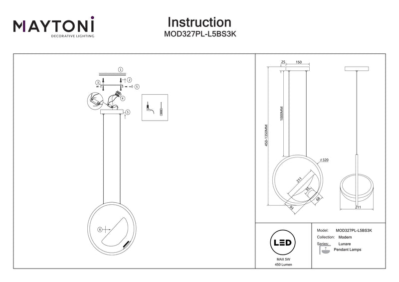 Lampada a sospensione Maytoni Lunare 1L, ottone LED D 32cm