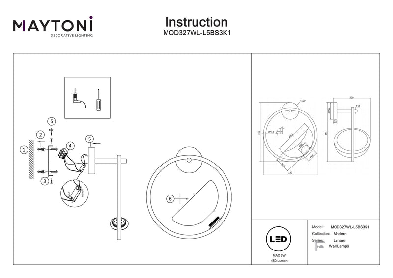 Maytoni Lunare 1L applique murale, laiton LED D 32cm