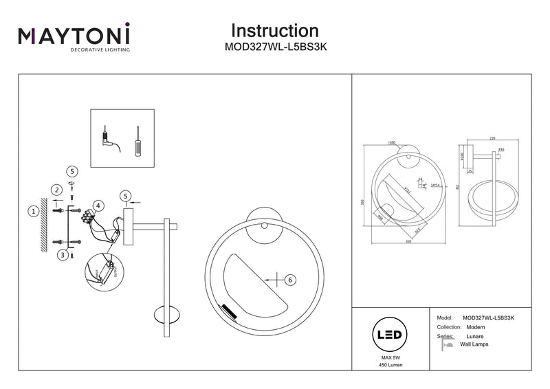 Maytoni Lunare aplique de pared 1L, latón LED D 32cm