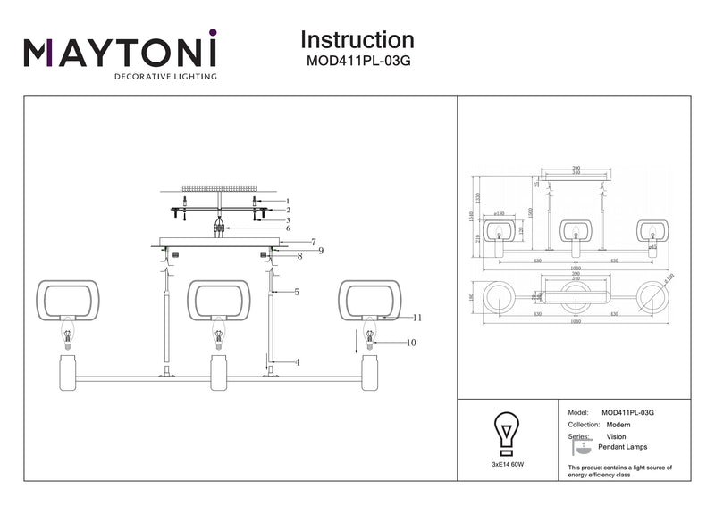 Maytoni Vision 3L linear suspension ceiling lamp, gold E14 H 154cm