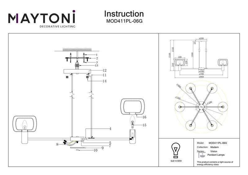 Maytoni Vision 6L chandelier, gold E14 D 96cm