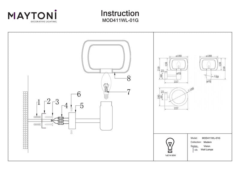 Maytoni Vision 1L applique murale, or E14 D 18cm