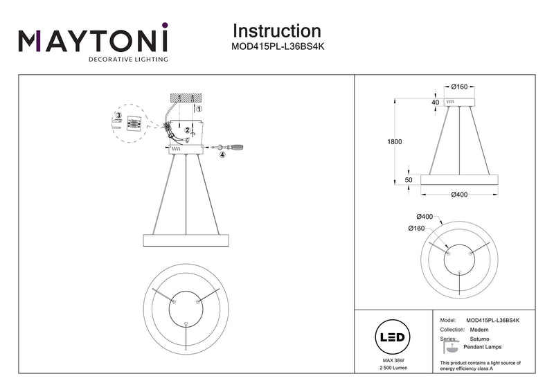 Maytoni Saturno 1L pendel, messing LED D 40cm