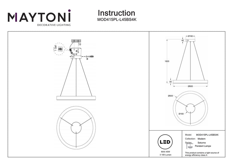 Maytoni Saturno 1L pendel, messing LED D 40cm