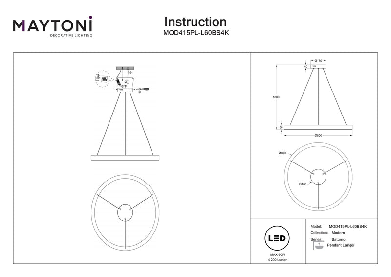 Maytoni Saturno 1L pendant lamp, brass LED D 40cm