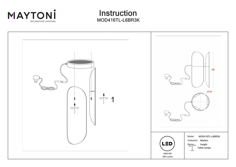 Lampe spécialisée Maytoni Insight 1L, noire LED H 30cm