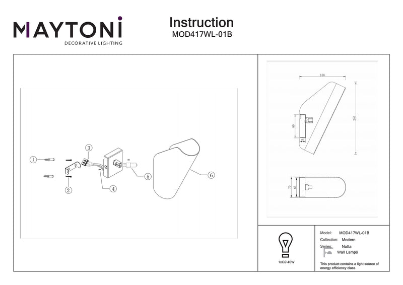 Lampada da parete Maytoni Notta 1L, nera G9 H 24,6 cm