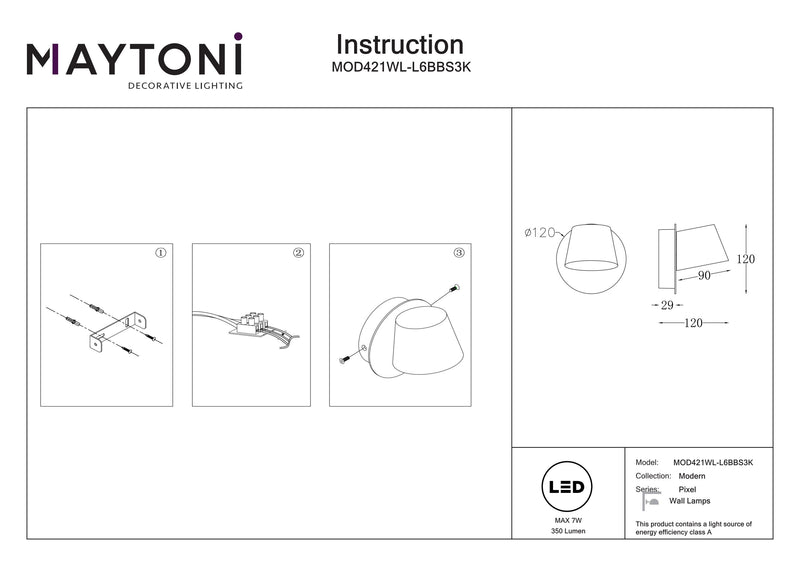 Maytoni Pixel 1L vaskemaskine sconce lampe, sort LED D 12cm