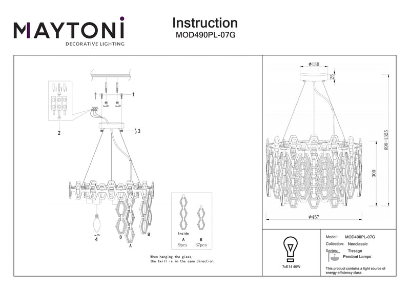 Maytoni Tissage 7L chandelier, gold E14 D 45.7cm