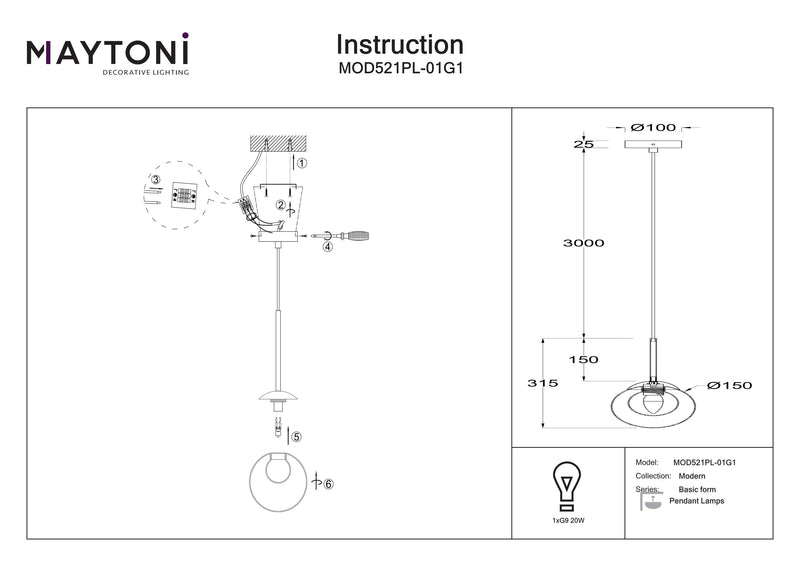 Maytoni Basic muoto 1L riippuvalaisin, kulta G9 D 15cm