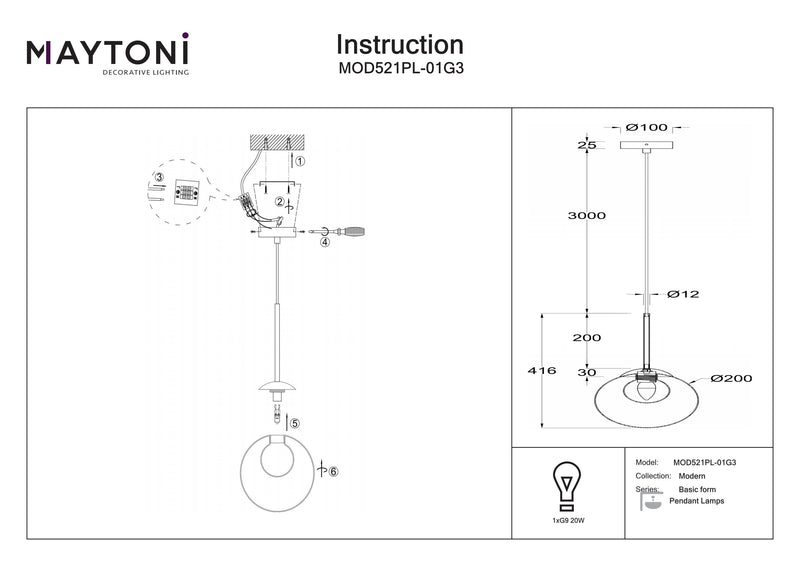 Maytoni Basic form 1L pendel, guld G9 D 15cm