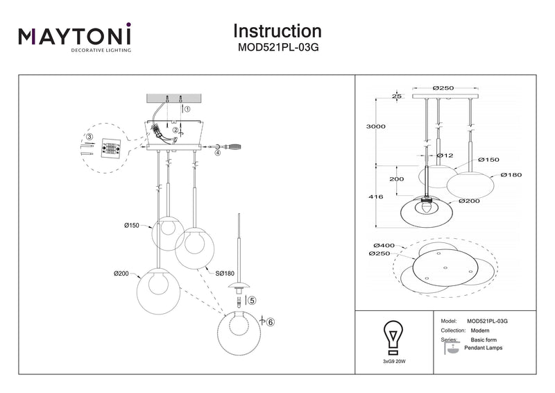 Maytoni Basic form 3L pendant lamp, gold G9 D 40cm