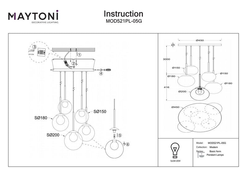 Lampada a sospensione Maytoni Basic form 5L, oro G9 P 58cm