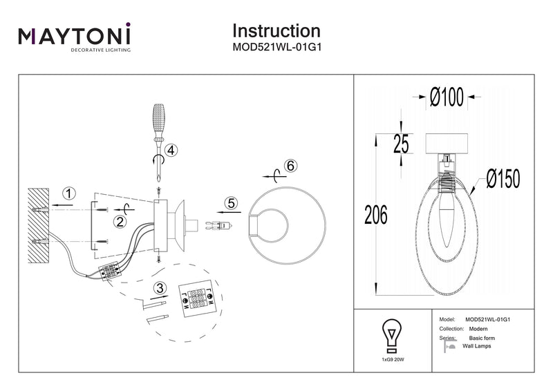 Maytoni Basic form 1L washer sconce lamp, gold G9 D 15cm