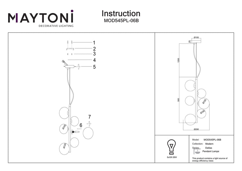 Maytoni Dallas 6L hanglamp, zwart G9 D 29cm