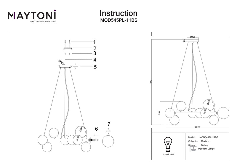 Maytoni Dallas 11L suspension, noire G9 D 67cm