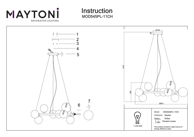 Maytoni Dallas 11L hanglamp, zwart G9 D 67cm