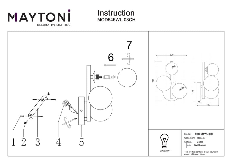 Aplique de pared Maytoni Dallas 3L, negro G9 Al. 26cm