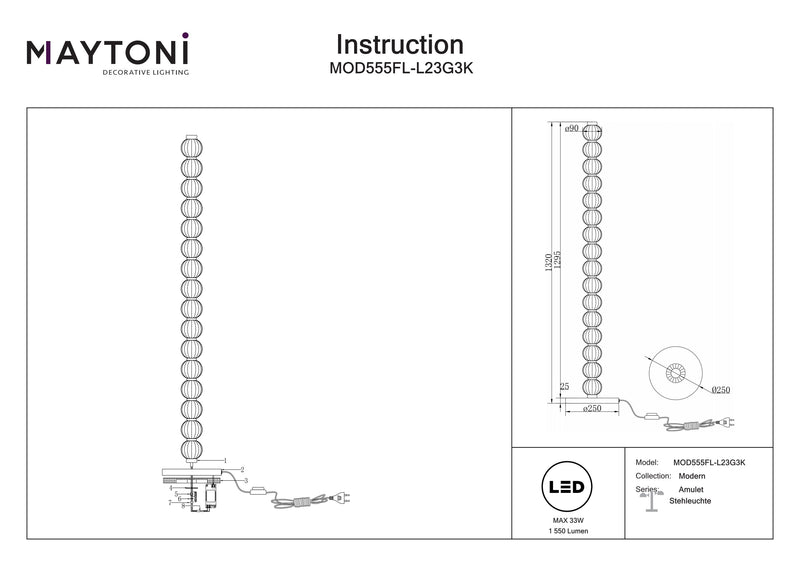 Maytoni Amulet 1L Stehleuchte, goldene LED H 132cm