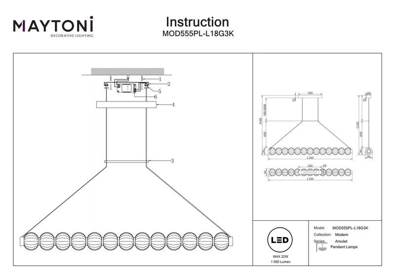 Maytoni Amulet 1L linear suspension ceiling lamp, gold LED L 110cm