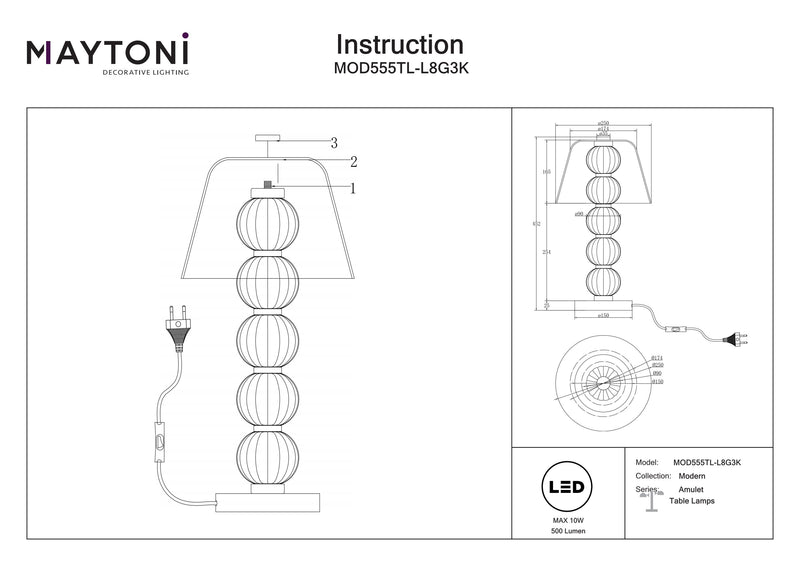 Maytoni Amulet 1L bordlampe, guld LED D 25cm