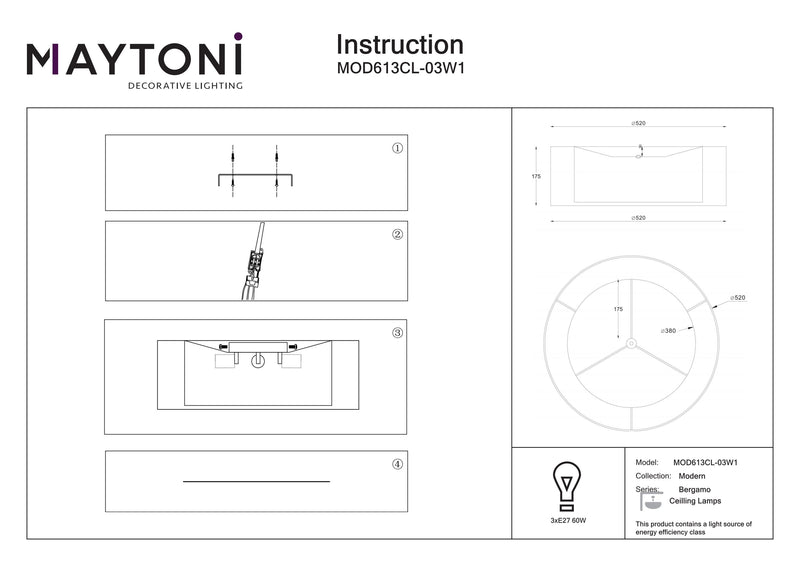 Maytoni Bergamo 3L inbouw plafondlamp, wit E27 D 52cm