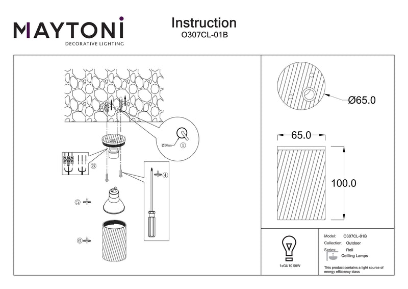 Maytoni Roll 1L ulkovalaisin, musta GU10 D 6,5cm