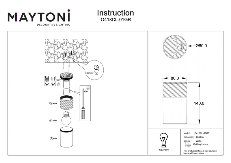 Foco exterior Maytoni Willis 1L, E27 Al. 14cm