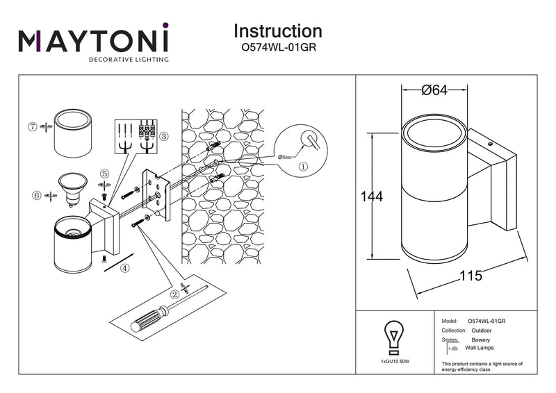 Maytoni Bowery 1L, grijs GU10 D 6,4cm