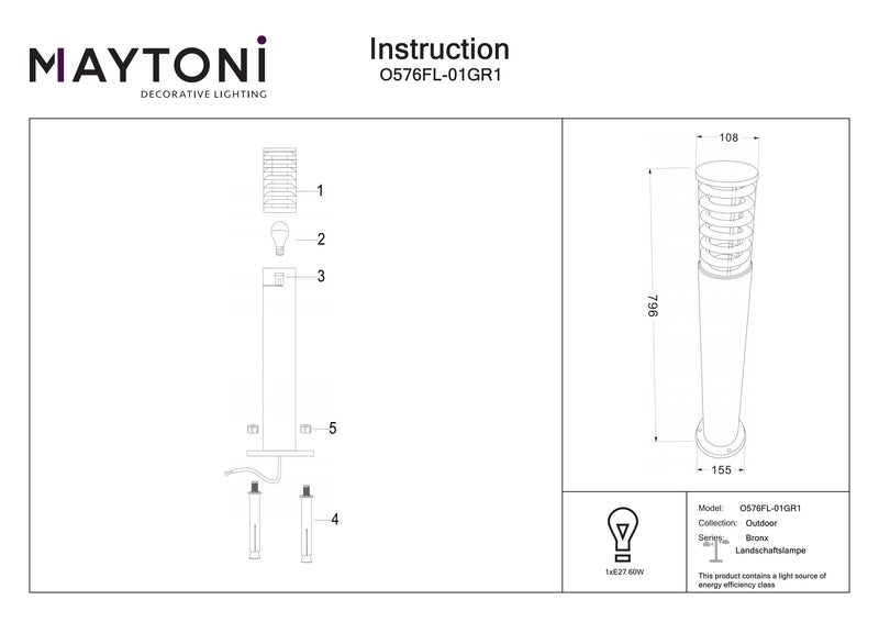 Maytoni Bronx 1L, grijs E27 D 15,5 cm