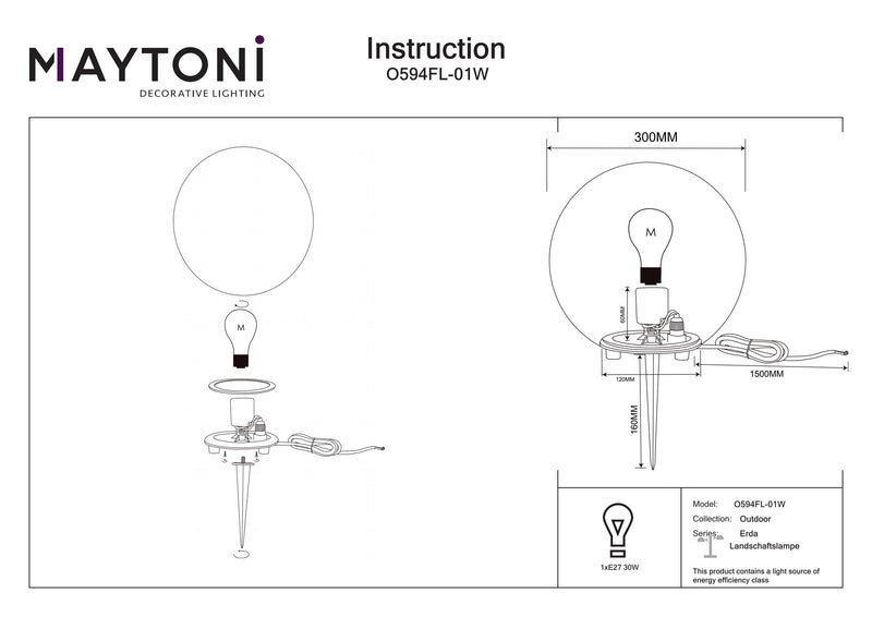 Maytoni Erda 1L, blanc E27 H 29cm