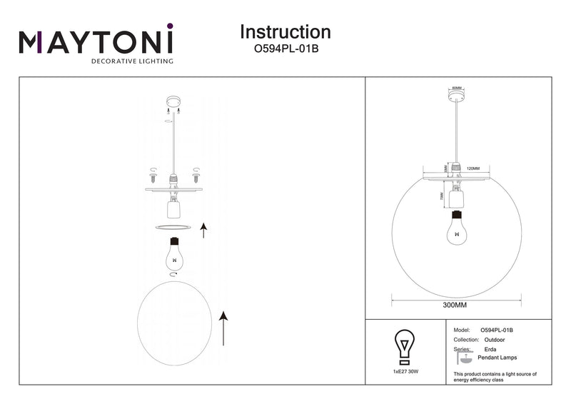 Maytoni Erda 1L riippuvalaisin ulkokäyttöön, valkoinen E27 D 30cm