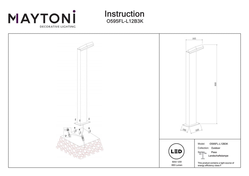 Maytoni Paso 1L ulkokatuvalaisin led, musta LED H 80cm