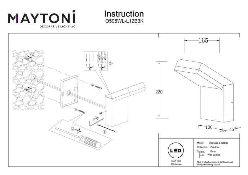 Maytoni Paso 1L udendørs væglampe led, sort LED H 22cm