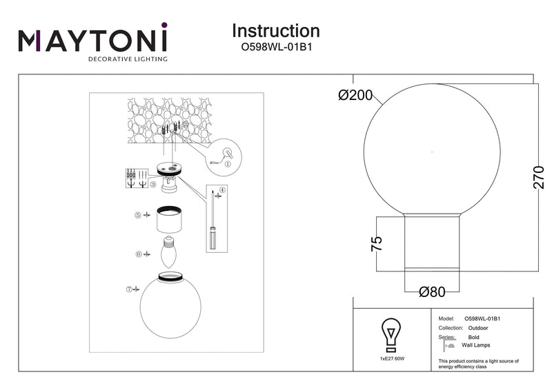 Maytoni Bold 1L, musta E27 D 20cm