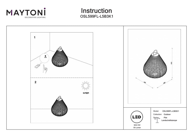 Maytoni Plet 1L, musta LED H 61cm