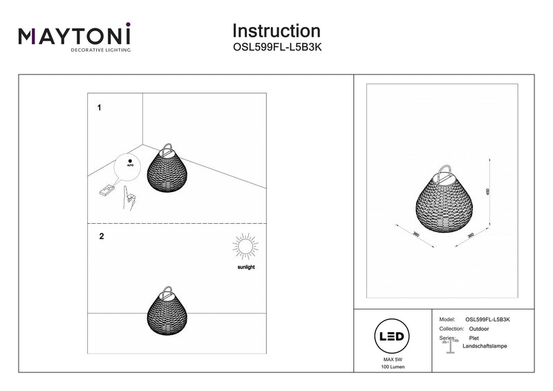 Maytoni Plet 1L, musta LED K 45cm