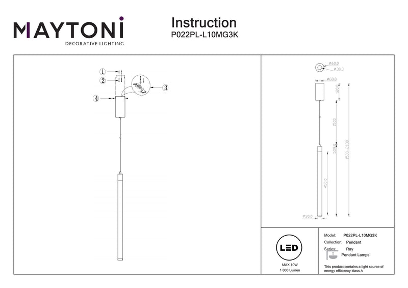 Maytoni Ray 1L Pendelleuchte, goldene LED D 3cm